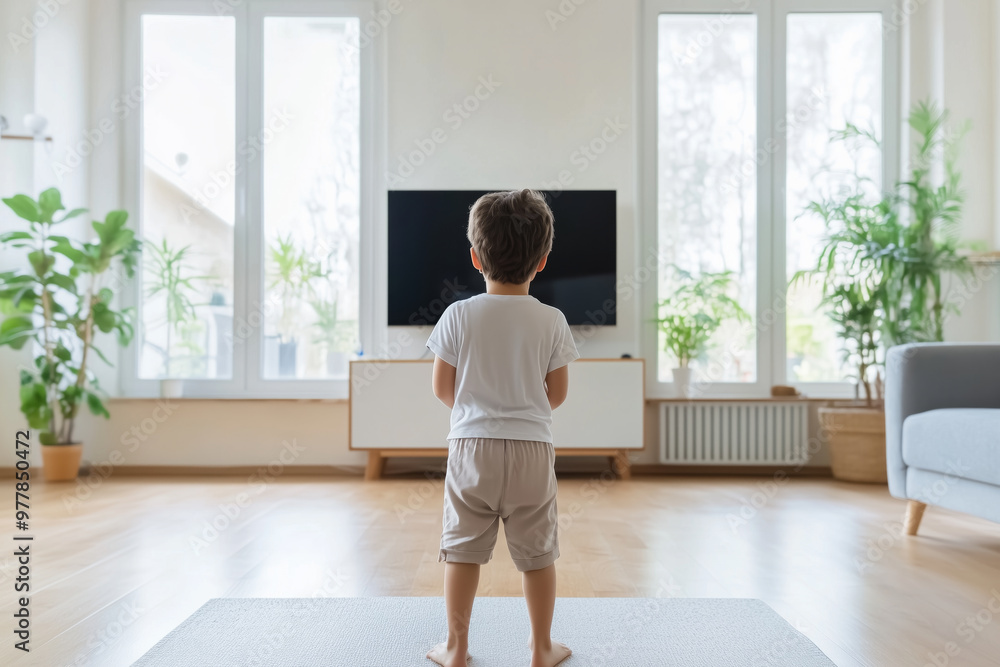A young child stands in front of a television in a modern, sunlit living room, with large windows and indoor plants A young child stands in front of a television in a modern, sunlit living room, with large windows and indoor plants