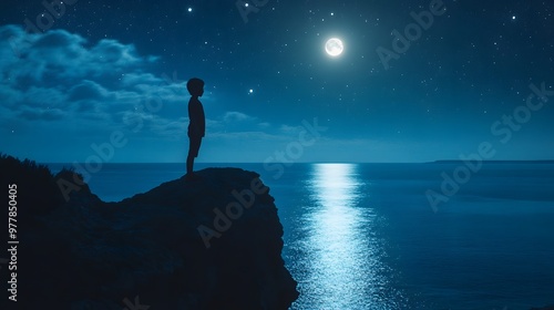 A child standing at the edge of a cliff gazing out at the stars and moon reflecting on the ocean far below. photo