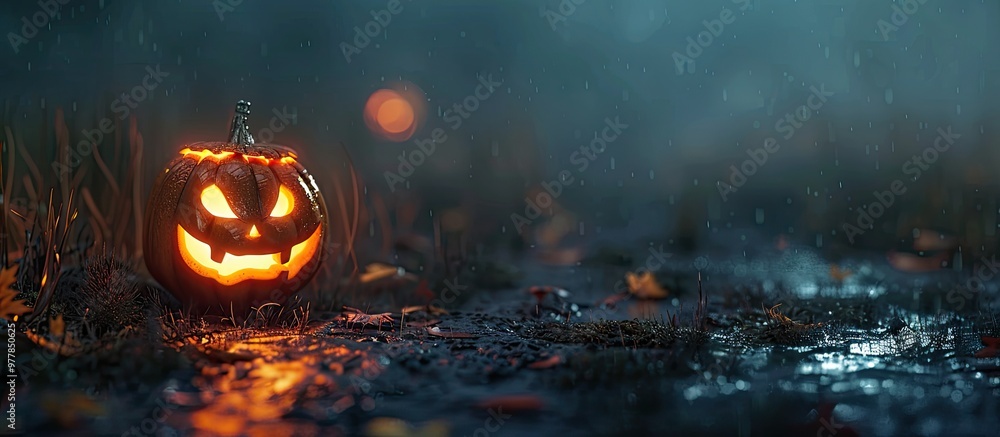 Naklejka premium Halloween pumpkin at night. Copy space image. Place for adding text and design