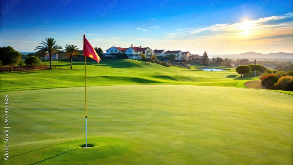 Obraz premium Tranquil golf green with flag, distant houses in background