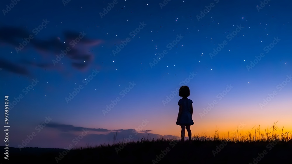 A child standing on a hilltop at dusk watching as the first stars appear in the deepening sky. A child standing on a hilltop at dusk watching as the first stars appear in the deepening sky.