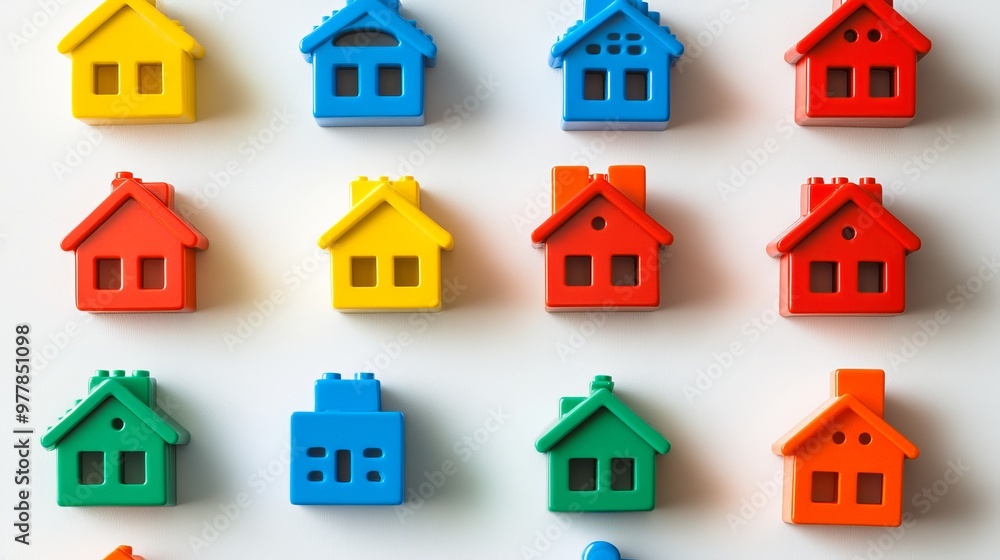 Toy blocks arranged to create miniature houses on a white background. Toy blocks arranged to create miniature houses on a white background.