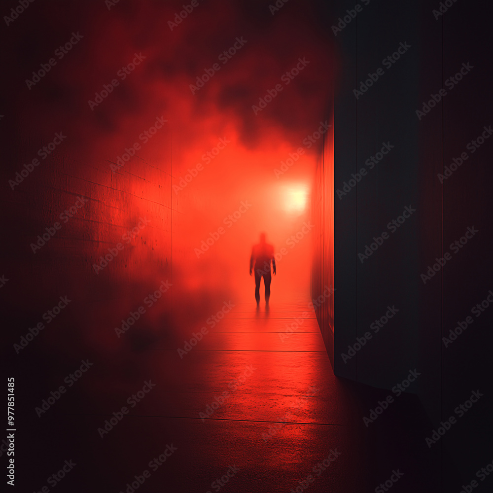 Fototapeta premium Silhouette of a person in a glowing red doorway symbolizing mystery and transformation