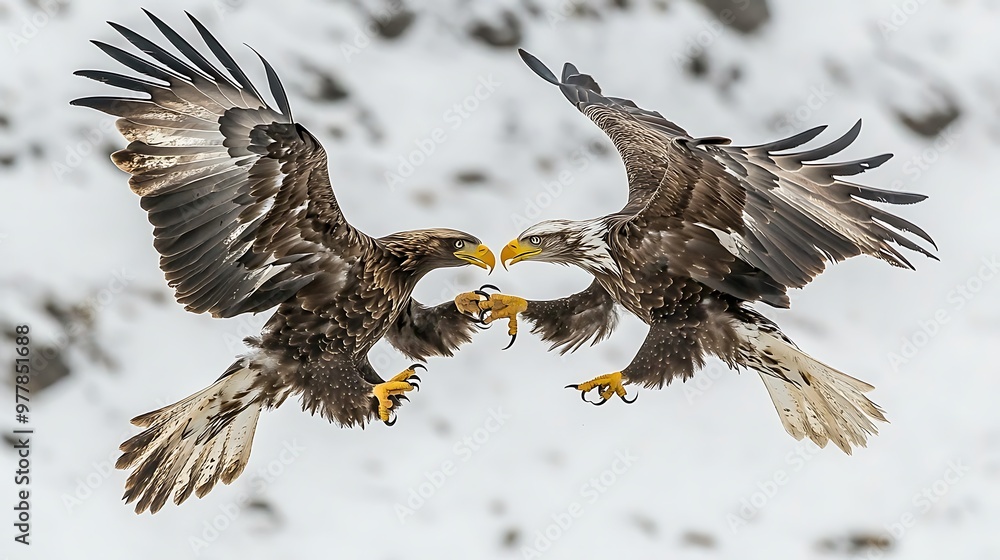 Obraz premium A pair of eagles locked in a mid-air battle, their talons interlocked