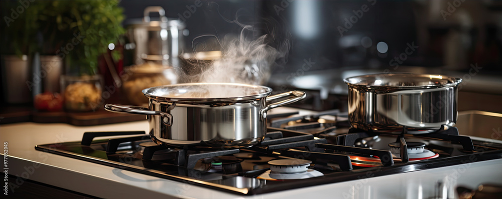 Stainless steel of pots and pans in kitchen Stainless steel of pots and pans in kitchen