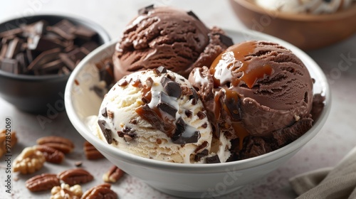 colorful ice cream in a plate on the table. Variety of ice cream portions with different flavors