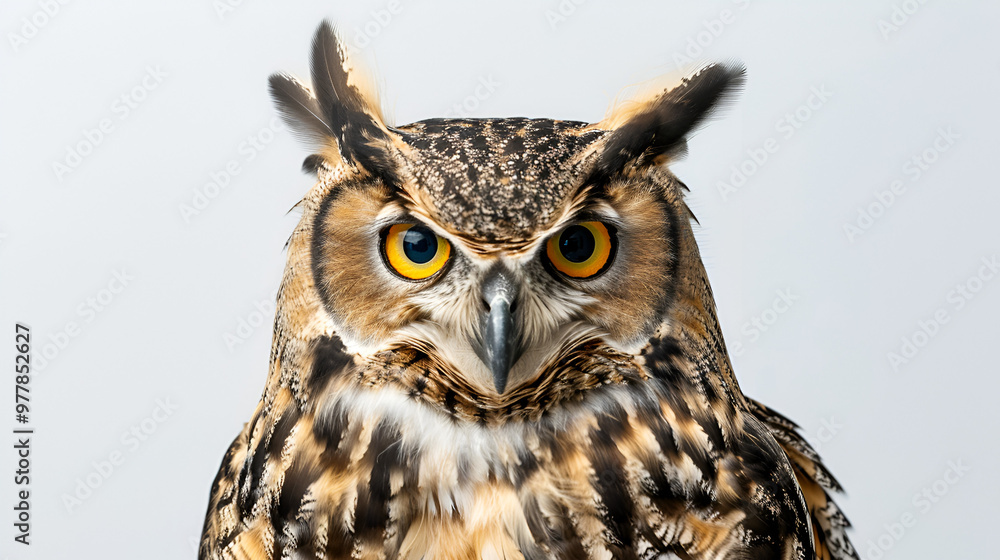 A regal owl with its eyes wide open on a white background with copy space, feathers fluffed up A regal owl with its eyes wide open on a white background with copy space, feathers fluffed up