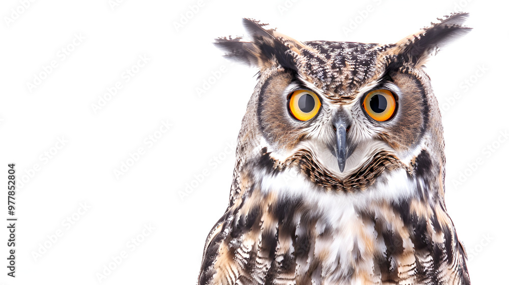 A regal owl with its eyes wide open on a white background with copy space, feathers fluffed up A regal owl with its eyes wide open on a white background with copy space, feathers fluffed up