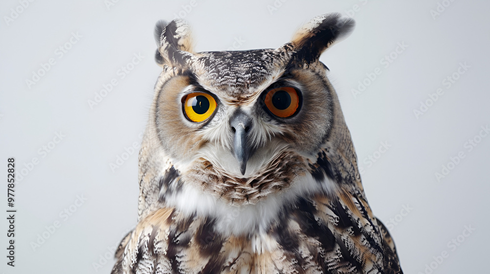 A regal owl with its eyes wide open on a white background with copy space, feathers fluffed up A regal owl with its eyes wide open on a white background with copy space, feathers fluffed up