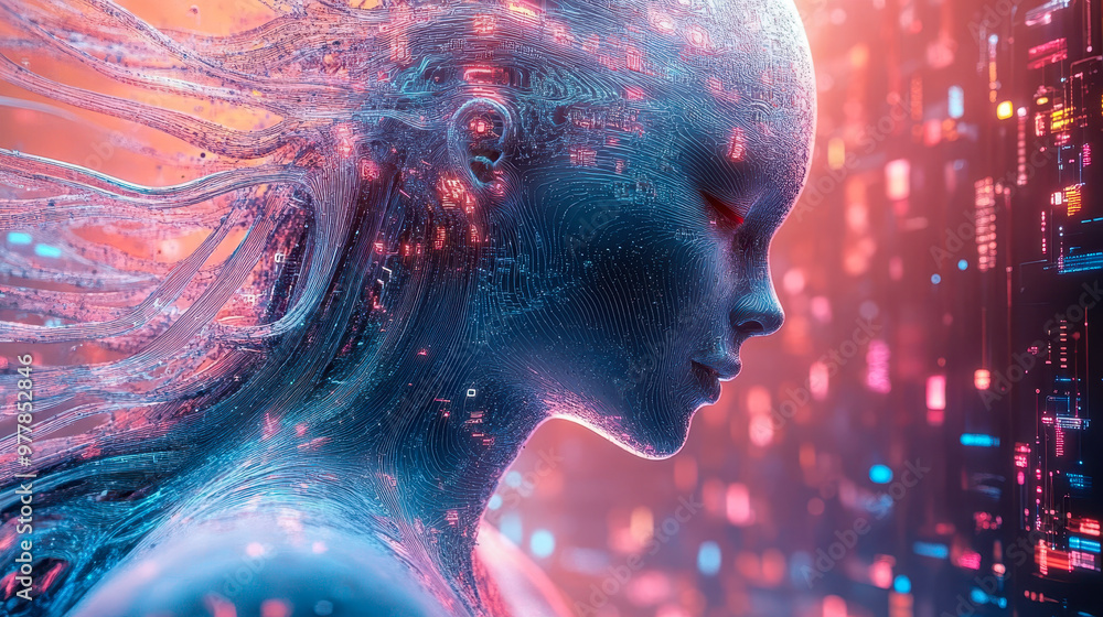 Futuristic Cyborg Woman with Digital Neural Patterns in a Vibrant Tech ...