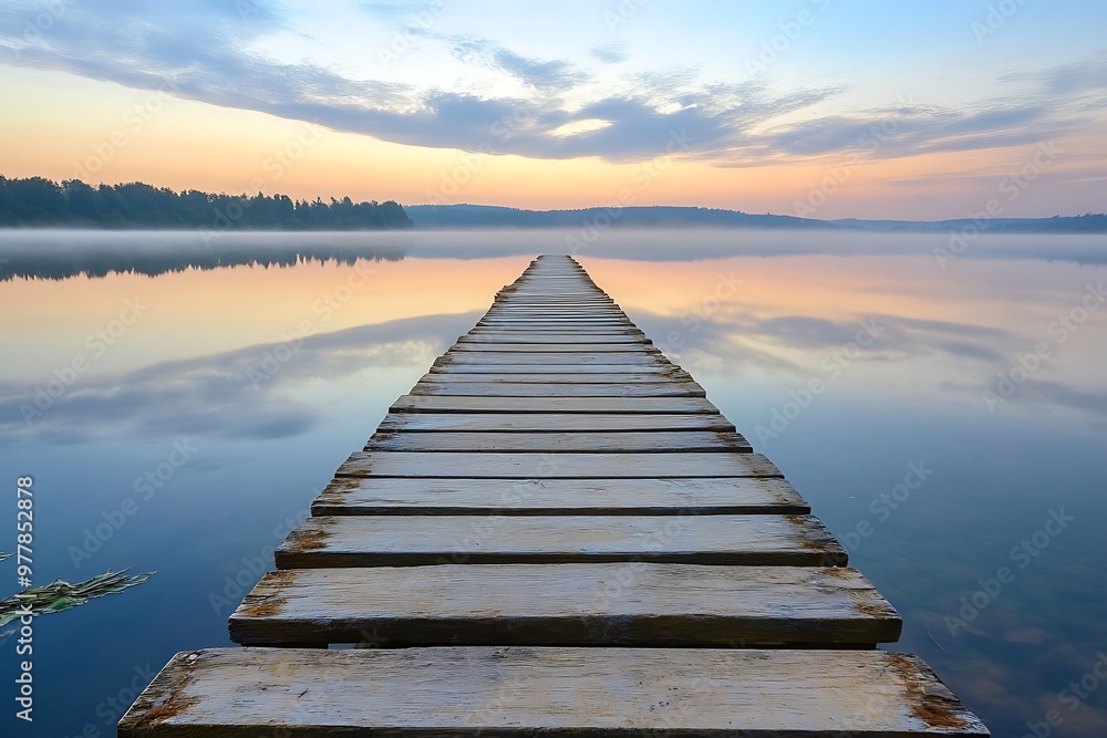 Wooden path leading to a misty lake at sunset, a concept of hope, inspiration, and new beginnings Wooden path leading to a misty lake at sunset, a concept of hope, inspiration, and new beginnings