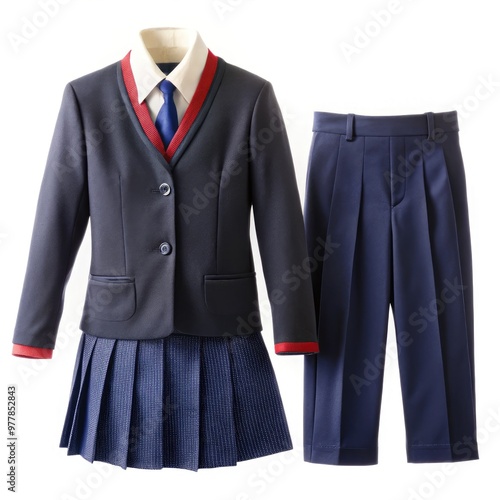 Standard school uniform with blazer and pleated skirt on a white background. Generative AI