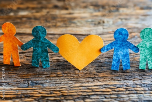 Wooden figures holding hands and a heart symbolizing family love and the emotional connections that bind supportive relationships and communities