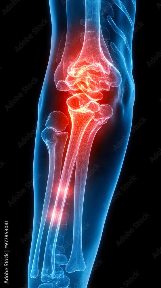 X-ray of Human Elbow Joint with Red Highlight on Painful Area, Arthritis or Injury Concept, Medical Diagnostic Image for Research and Healthcare X-ray of Human Elbow Joint with Red Highlight on Painful Area, Arthritis or Injury Concept, Medical Diagnostic Image for Research and Healthcare