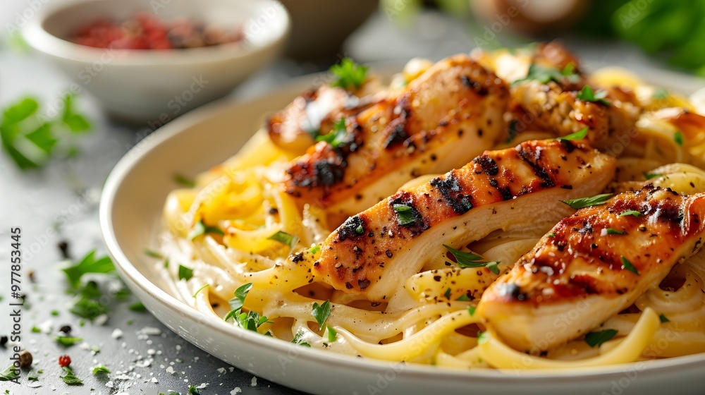 Fototapeta premium Grilled chicken pasta with herbs and seasoning, ideal for restaurant banners or food marketing with copyspace 
