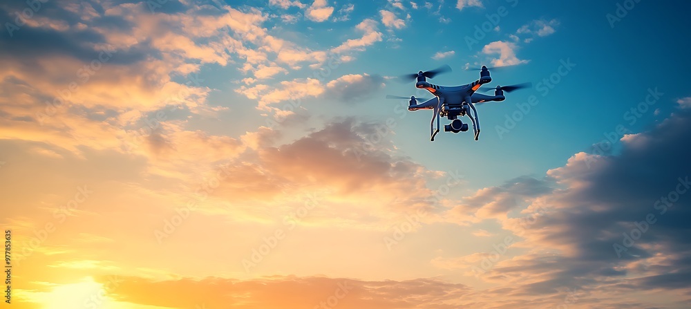 A drone hovering in mid-air against a cloudy sky A drone hovering in mid-air against a cloudy sky