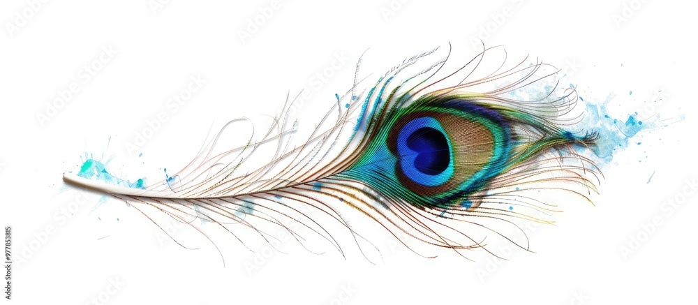 Obraz premium peacock feather on a white background with text copyspace