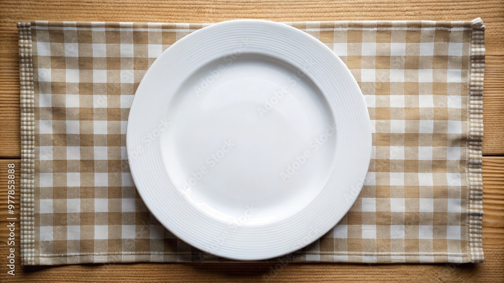 Empty round white plate on a plaid table cloth with wooden surface background. Generative AI Empty round white plate on a plaid table cloth with wooden surface background. Generative AI