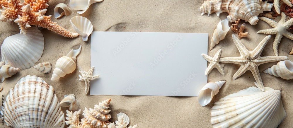 Obraz premium Close up view of coral seashells and a blank card on sand against a grey background. Copy space image. Place for adding text and design