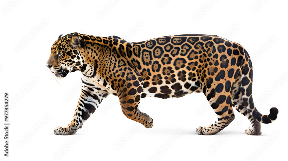 A sleek jaguar prowling forward on a white background, muscles rippling with each step A sleek jaguar prowling forward on a white background, muscles rippling with each step