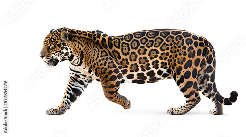 A sleek jaguar prowling forward on a white background, muscles rippling with each step