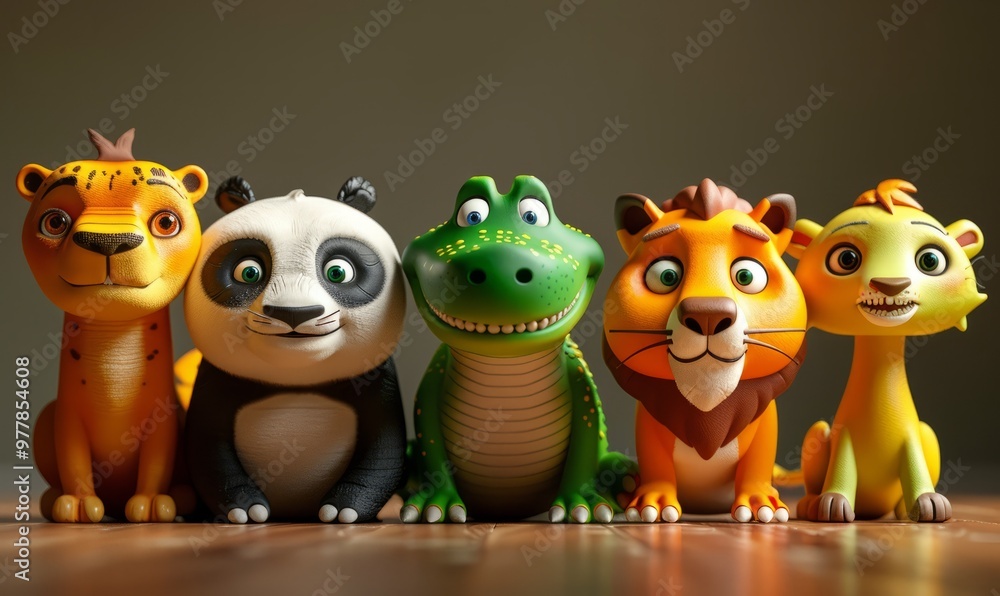 five animals, crocodile and pandas and hippo and fox and Monkeys and lion five animals, crocodile and pandas and hippo and fox and Monkeys and lion