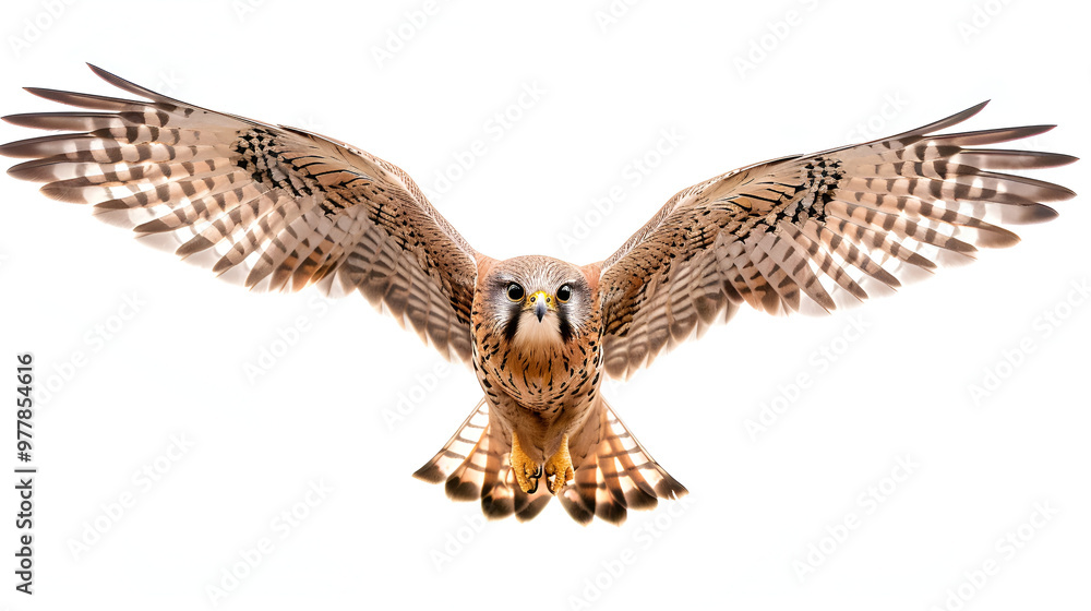 Obraz premium A sleek kestrel with its wings outspread on a white background with copy space, eyes focused ahead