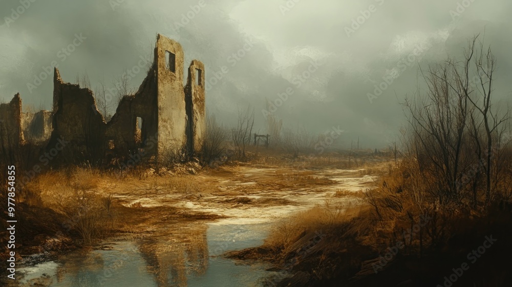 Fototapeta premium A Ruinous Stone Structure in a Foggy, Barren Landscape