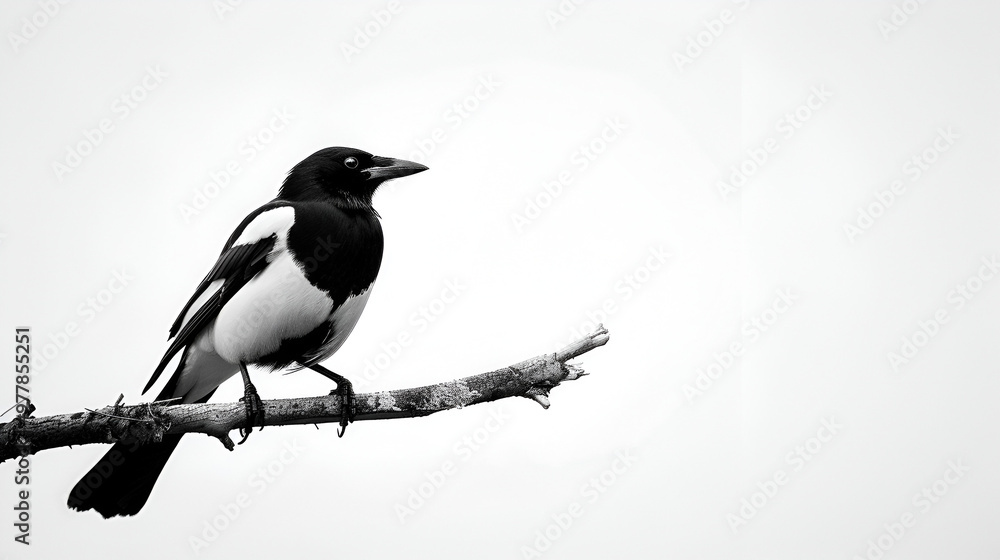 Obraz premium A sleek magpie perched on a branch on a white background with copy space, feathers glossy black and white