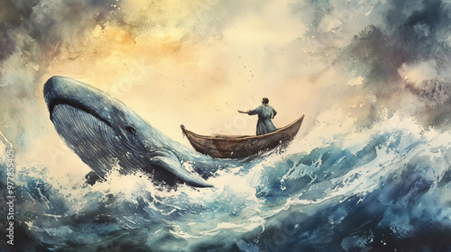 watercolor illustration of Jonah and whale	