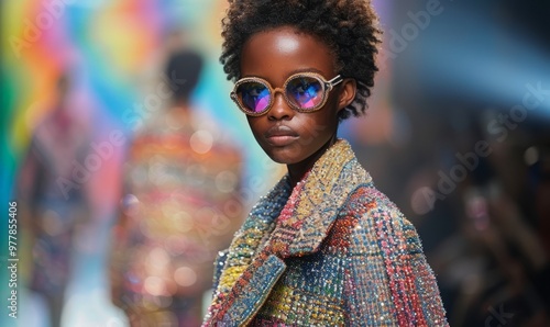 model full body in missoni pattern, winter collection, runway, gabelen pastel colors, sequins photo