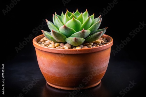 Havertia cuperi in a brown pot with pebbles against a black background. Generative AI photo