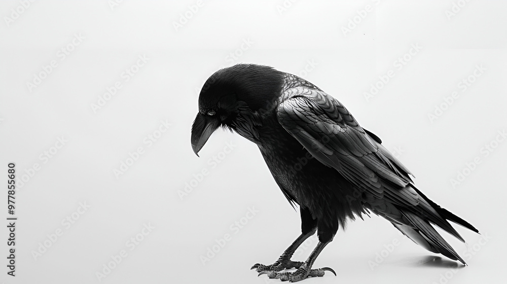 Fototapeta premium A sleek raven standing still on a white background with copy space, feathers glossy black