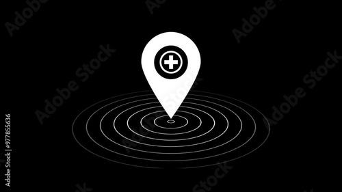 Location icon showing hospital location icon animation on black background.