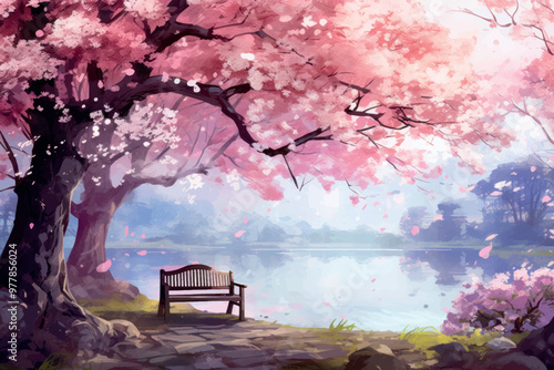 Serene cherry blossom park illustration