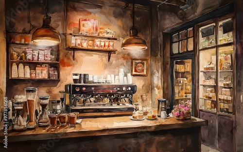 A cozy coffee shop interior with a vintage espresso machine, shelves of ingredients, and warm lighting inviting relaxation.