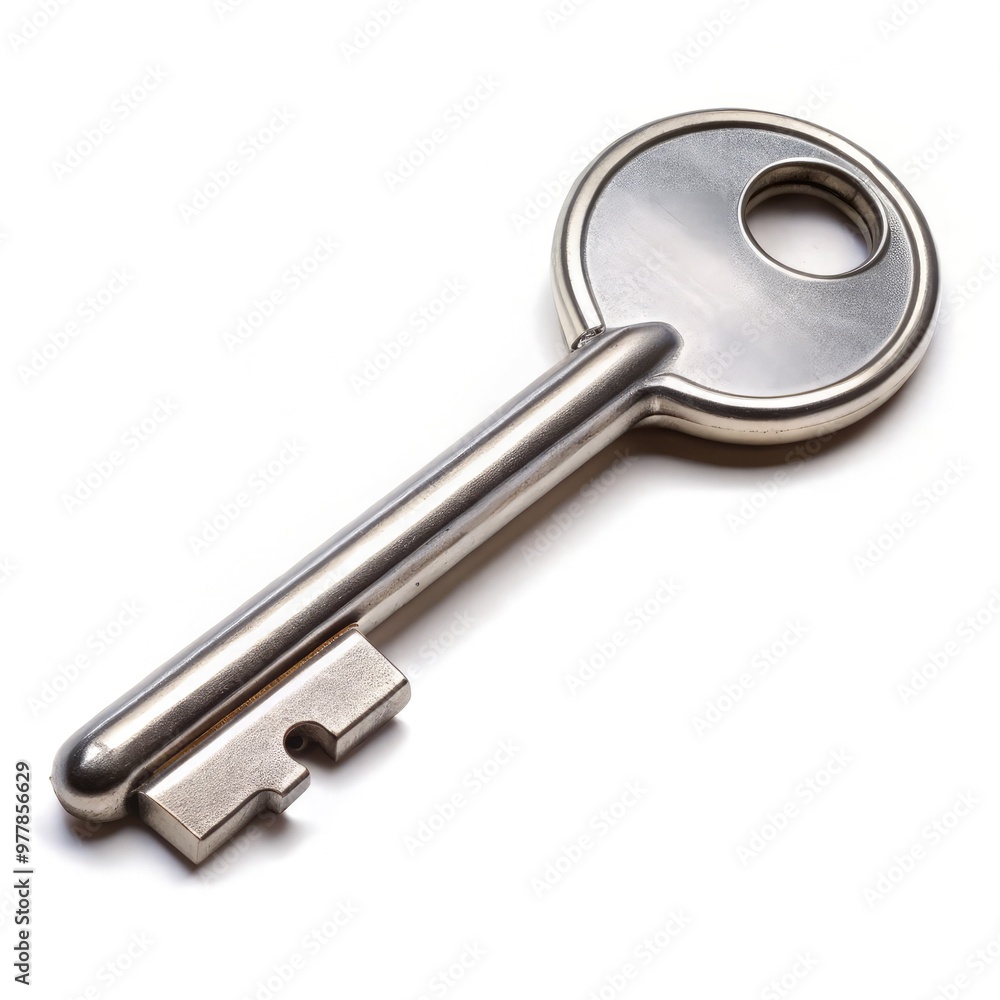 Long metal key positioned on a white background using rz standard scale. Generative AI Long metal key positioned on a white background using rz standard scale. Generative AI
