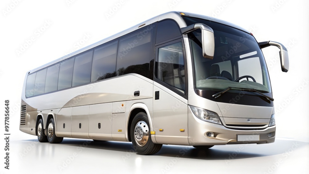 Luxurious white bus parked against a plain background for promotional showcasing. Generative AI Luxurious white bus parked against a plain background for promotional showcasing. Generative AI