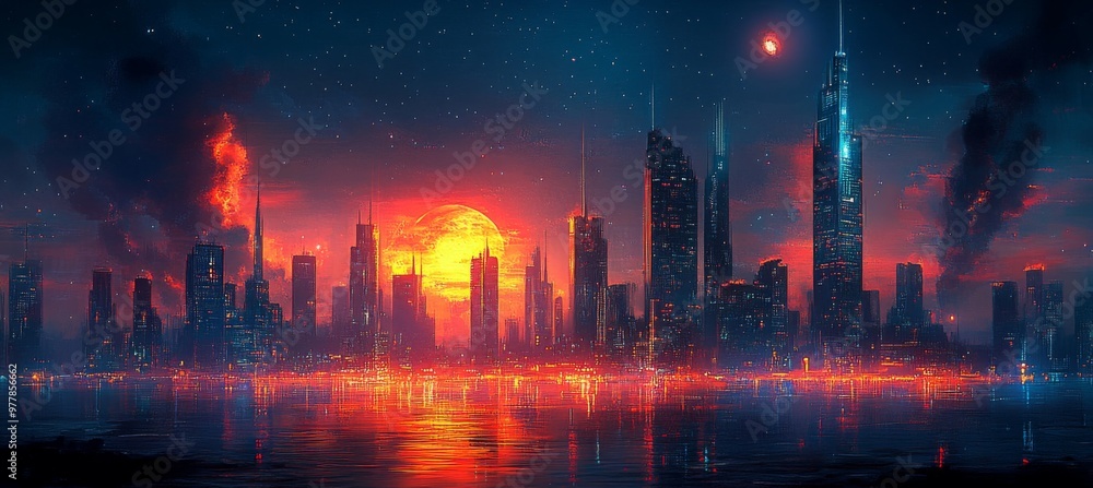 Spectacular nighttime in cyberpunk city of the futuristic fantasy world features skyscrapers, flying cars, and neon lights. Digital art 3D illustration. Acrylic painting. Spectacular nighttime in cyberpunk city of the futuristic fantasy world features skyscrapers, flying cars, and neon lights. Digital art 3D illustration. Acrylic painting.