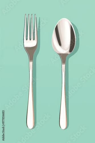 Silver fork spoon teal background