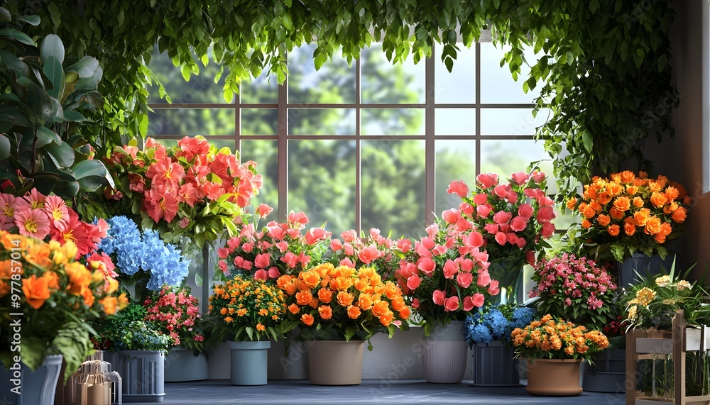 A vibrant display of colorful flowers in pots, creating a cheerful and lively atmosphere near a sunny window. A vibrant display of colorful flowers in pots, creating a cheerful and lively atmosphere near a sunny window.