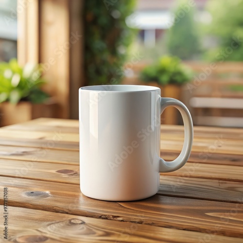 Mockup of a blank white mug on a wooden table surrounded by greenery. Generative AI