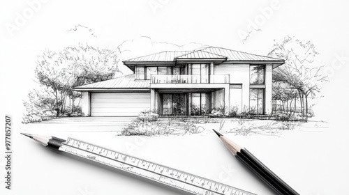 Modern House Architectural Drawing with Pencils and Ruler on White Background