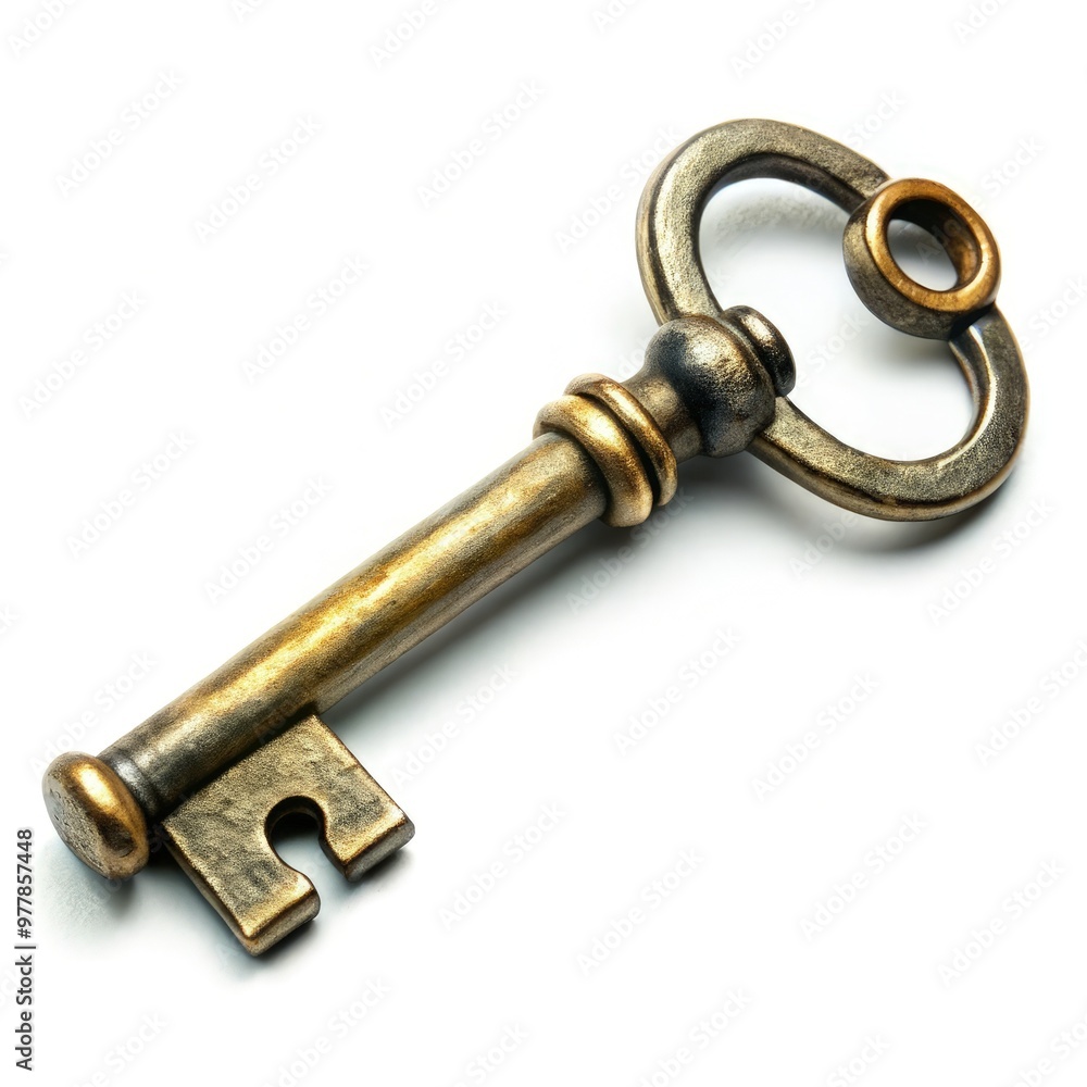 Antique brass key on a white background for standard scale display. Generative AI Antique brass key on a white background for standard scale display. Generative AI