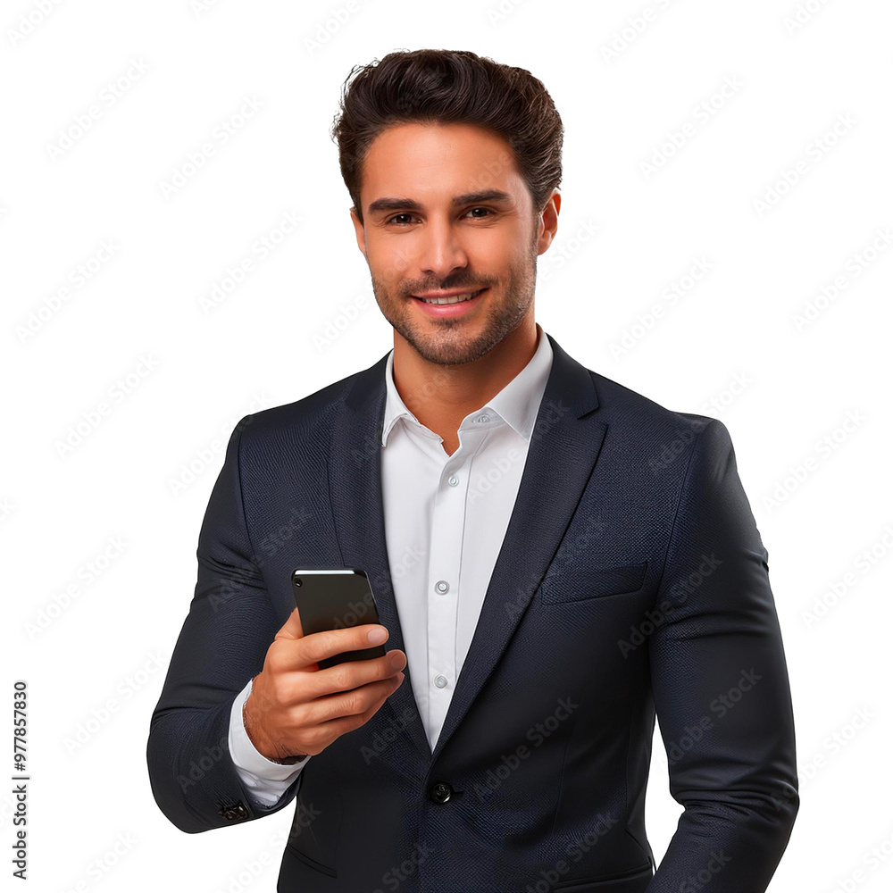 Portrait of a smiling businessman with a mobile phone isolated on transparent background Portrait of a smiling businessman with a mobile phone isolated on transparent background