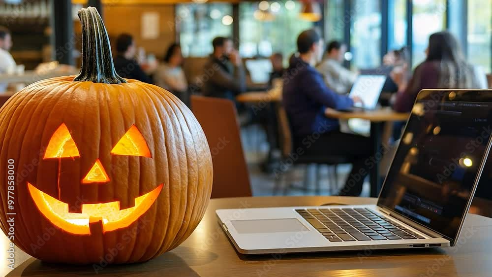 Glowing pumpkin sits on a table in a busy cafe, adding spooky charm to the modern setting as people work on laptops Glowing pumpkin sits on a table in a busy cafe, adding spooky charm to the modern setting as people work on laptops