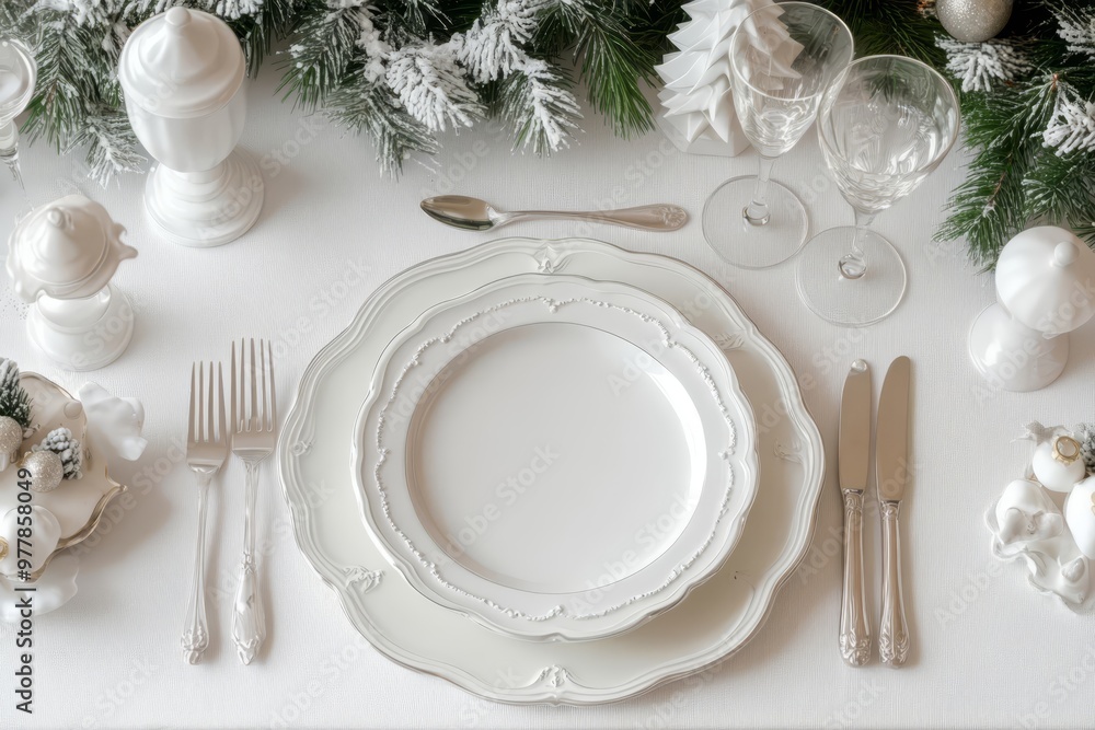 Elegant white Christmas table setting portrayed from a top view, featuring fine china, silverware, and festive decorations for a winter dining experience Elegant white Christmas table setting portrayed from a top view, featuring fine china, silverware, and festive decorations for a winter dining experience