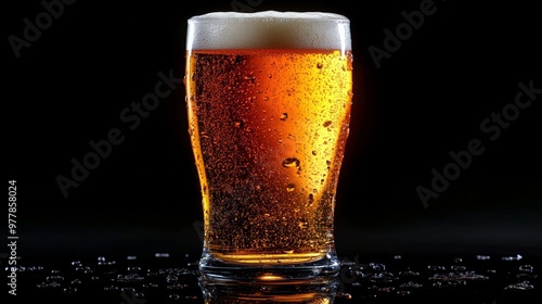 A cold glass of craft beer with foam served against a dark background in a co...