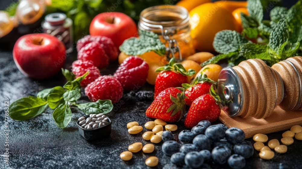 Fresh fruits and vegetables with gym equipment arranged for a healthy lifestyle inspiration Fresh fruits and vegetables with gym equipment arranged for a healthy lifestyle inspiration
