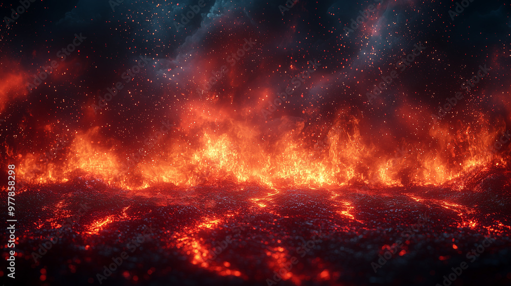 Abstract background with red and orange flames on a dark sky, red fire sparks flying in space, lava flowing down. Firestorm concept. Abstract background. Abstract background with red and orange flames on a dark sky, red fire sparks flying in space, lava flowing down. Firestorm concept. Abstract background.